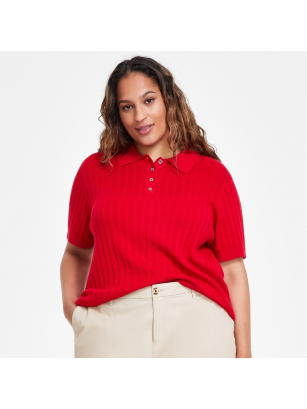 Tommy Hilfiger Plus Size 3X Red Ribbed Short-Sleeve Polo Sweater Top NWT